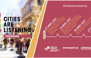  Programa #CitiesAreListening a la derecha logo e imagen de una ciudad. A la derecha prorgama con todas las fechas en abril