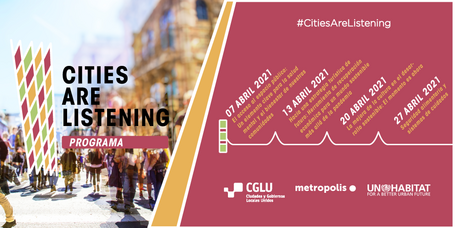  Programa #CitiesAreListening a la derecha logo e imagen de una ciudad. A la derecha prorgama con todas las fechas en abril
