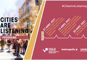  Programa #CitiesAreListening a la derecha logo e imagen de una ciudad. A la derecha prorgama con todas las fechas en abril